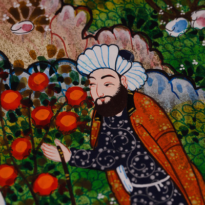 „Farhod und Shirin III“ – Gestreckte Volkskunst-Aquarellmalerei von Paar und Bach