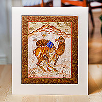 „Kamel“ – Traditionelles Aquarell auf Papier, Kamelmalerei in warmen Farbtönen