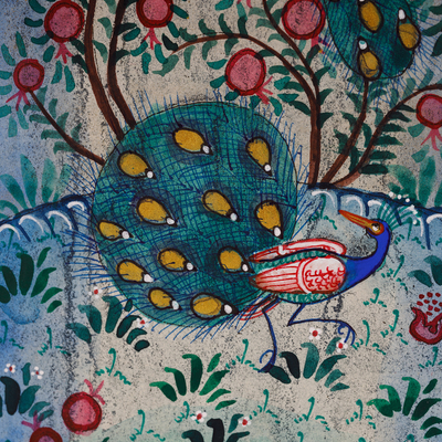 'Tree of Life I' - Pintura de acuarela azul de arte popular con temática de naturaleza estirada