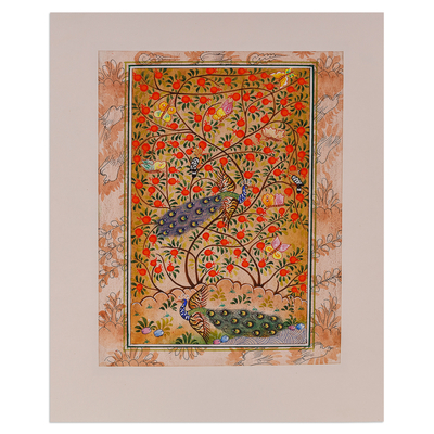 'Tree of Life II' - Stretched Nature-Themed Folk Art Orange Watercolour Painting