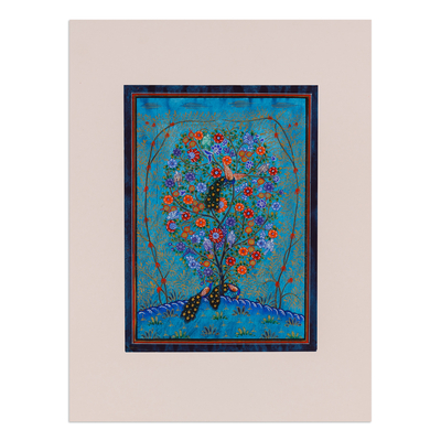 'Tree of Life IV' - Pintura de acuarela de arte popular con temática de naturaleza estirada en azul