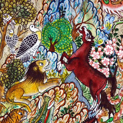'Life' - Stretched Animal-Themed Folk Art Watercolor Painting