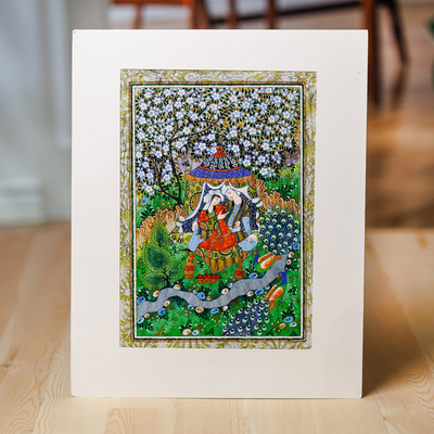 'Farhod and Shirin IV' - Folk Art Watercolour Painting of Couple and Peacocks