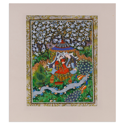 'Farhod and Shirin IV' - Pintura de acuarela de arte popular de pareja y pavos reales