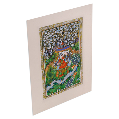 'Farhod and Shirin IV' - Folk Art Watercolor Painting of Couple and Peacocks