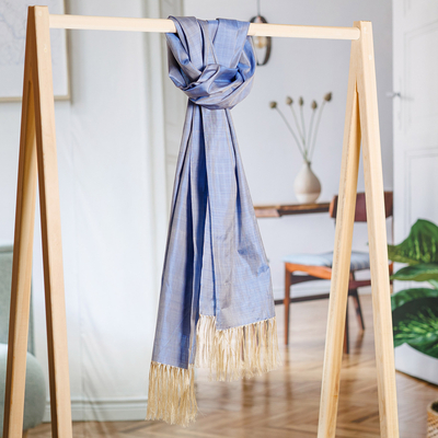Silk shawl, 'Sky of the Desert' - Handwoven Striped Blue Silk Shawl with Fringes