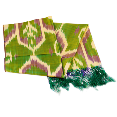 Pañuelo de seda - Bufanda de seda verde y amarilla tradicional geométrica tejida a mano