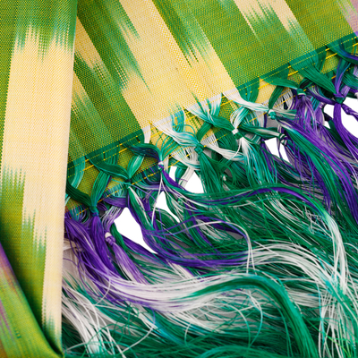 Pañuelo de seda - Bufanda de seda verde y amarilla tradicional geométrica tejida a mano