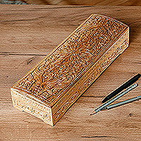 Wood jewellery box, 'Eden Treasure' - Hand-Carved Traditional Walnut Wood jewellery Box