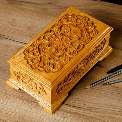 Wood jewelry box, 'Secret Arcadia' - Hand-Carved Classic Walnut Wood Jewelry Box