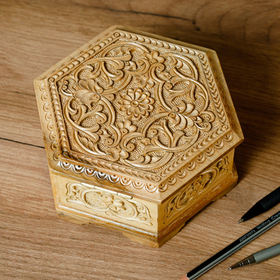Wood jewelry box, 'Luxury Hexagon' - Hand-Carved Hexagonal Floral Walnut Wood Jewelry Box