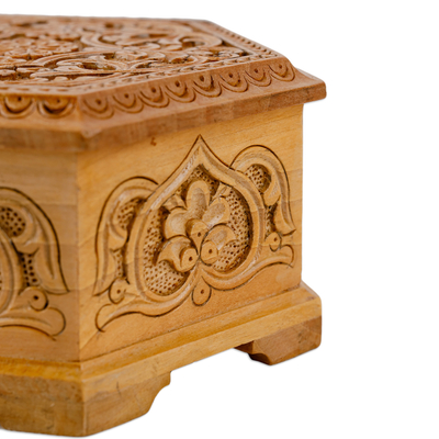 Hand-Carved Hexagonal Floral Walnut Wood Jewelry Box - Luxury