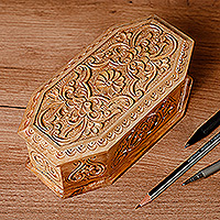 Wood jewelry box, 'Gardens from Paradise' - Hand-Carved Geometric Floral Walnut Wood Jewelry Box