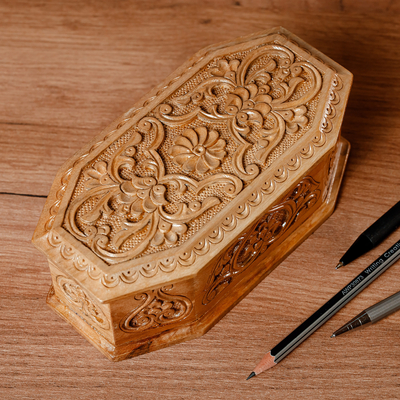 Joyero de madera - Joyero de madera de nogal floral geométrico tallado a mano