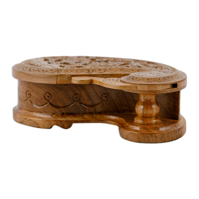Wood puzzle box, 'Portal to the Paisley Forest' - Hand-Carved Paisley-Shaped Leafy Walnut Wood Puzzle Box