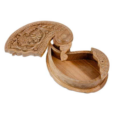 Wood puzzle box, 'Portal to the Paisley Forest' - Hand-Carved Paisley-Shaped Leafy Walnut Wood Puzzle Box