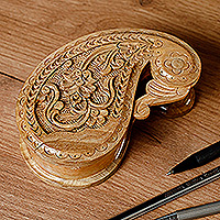 Wood puzzle box, 'Portal to the Paisley Garden' - Hand-Carved Paisley-Shaped Floral Walnut Wood Puzzle Box