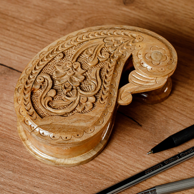 Wood puzzle box, 'Portal to the Paisley Garden' - Hand-Carved Paisley-Shaped Floral Walnut Wood Puzzle Box