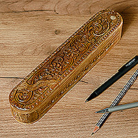 Caja de rompecabezas de madera, 'Paraíso oblongo' - Caja de rompecabezas de madera de nogal floral oblonga tallada a mano