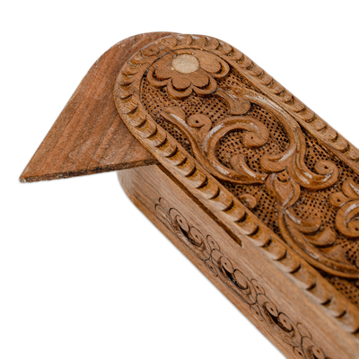 caja de rompecabezas de madera - Caja de rompecabezas de madera de nogal floral oblonga tallada a mano