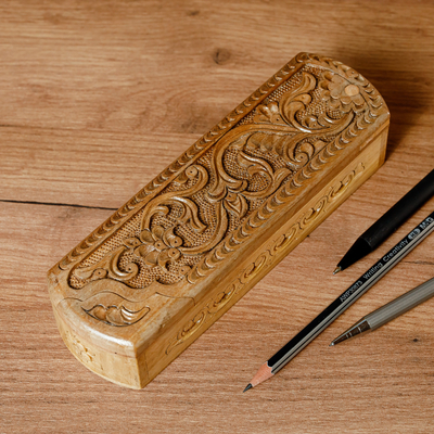 Wood puzzle box, 'Rectangle Paradise' - Hand-Carved Rectangle Floral Walnut Wood Puzzle Box