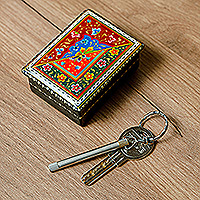 Lacquered papier mache jewelry box, 'Uzbek Flora' - Lacquered Hand-Painted Papier Mache Floral Jewelry Box