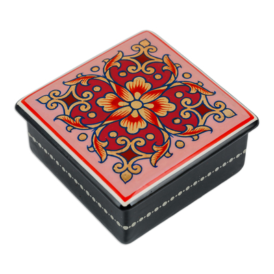 Lacquered papier mache jewelry box, 'Pink Floral Splendor' - Lacquered Hand-Painted Pink Papier Mache Floral Jewelry Box