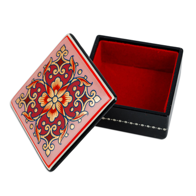 Lacquered papier mache jewellery box, 'Pink Floral Splendor' - Lacquered Hand-Painted Pink Papier Mache Floral jewellery Box