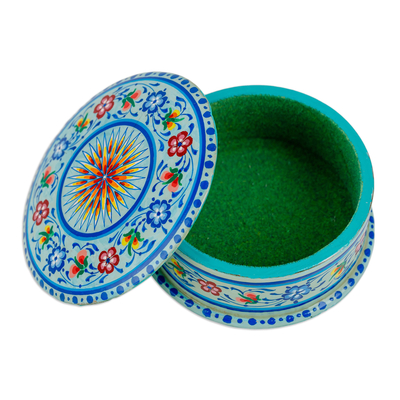 Lacquered papier mache jewellery box, 'Blooms in Blue' - Lacquered Hand-Painted Round Blue Papier Mache jewellery Box