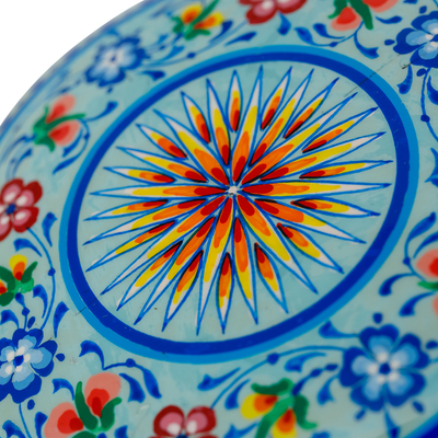Lacquered papier mache jewellery box, 'Blooms in Blue' - Lacquered Hand-Painted Round Blue Papier Mache jewellery Box