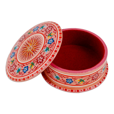 Lacquered papier mache jewellery box, 'Blooms in Pink' - Lacquered Hand-Painted Round Papier Mache Floral jewellery Box