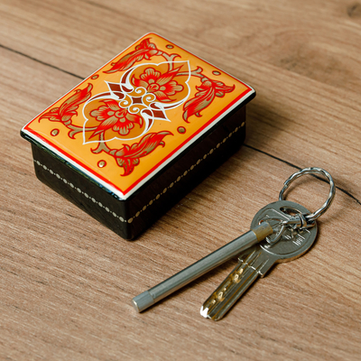 Lacquered papier mache jewelry box, 'Blossoming Yellow' - Lacquered Hand-Painted Yellow Papier Mache Jewelry Box