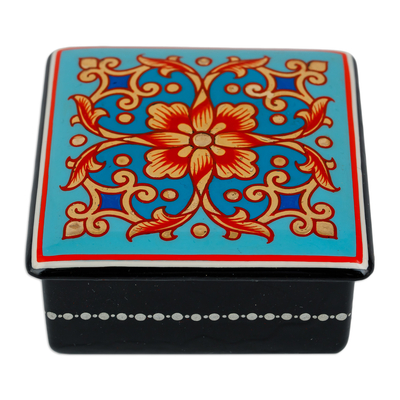 Lacquered papier mache jewelry box, 'Blue Floral Splendor' - Lacquered Hand-Painted Blue Papier Mache Floral Jewelry Box