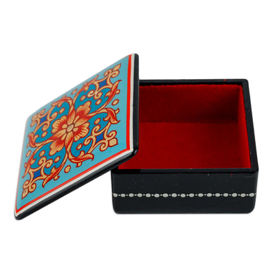Lacquered papier mache jewelry box, 'Blue Floral Splendor' - Lacquered Hand-Painted Blue Papier Mache Floral Jewelry Box