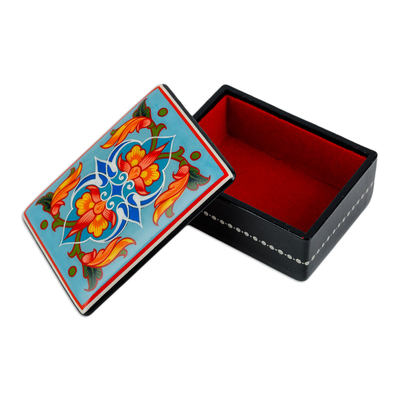 Lacquered papier mache jewellery box, 'colourful Flowers' - Lacquered Hand-Painted Floral Leaf Papier Mache jewellery Box