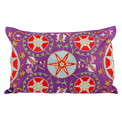 Silk and cotton cushion cover, 'Purple Nobility' - Embroidered Purple Silk and Cotton Cushion Cover