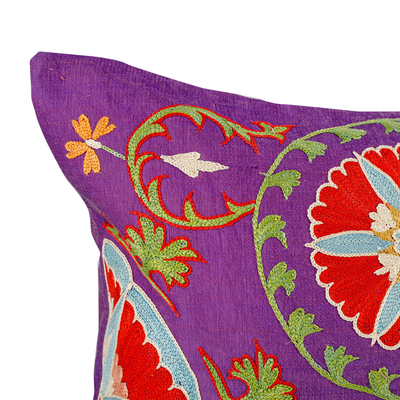 Silk and cotton cushion cover, 'Purple Nobility' - Embroidered Purple Silk and Cotton Cushion Cover