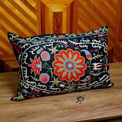 Silk and cotton cushion cover, 'Midnight in Eden' - Suzani Embroidered Floral Silk Cushion Cover in Black