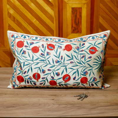 Silk and cotton cushion cover, 'Beige Auguries' - Pomegranate-Themed Beige Silk and Cotton Cushion Cover