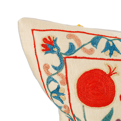 Silk and cotton cushion cover, 'Beige Auguries' - Pomegranate-Themed Beige Silk and Cotton Cushion Cover