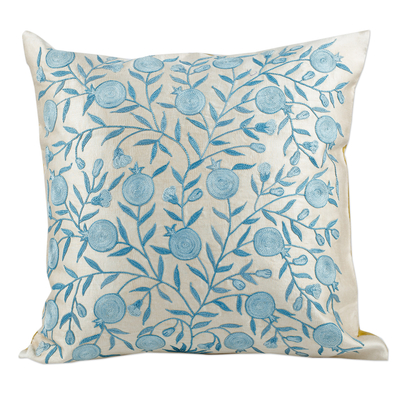Silk and cotton cushion cover, 'Celestial Omen' - Embroidered Pomegranate-Themed Blue Silk Cushion Cover