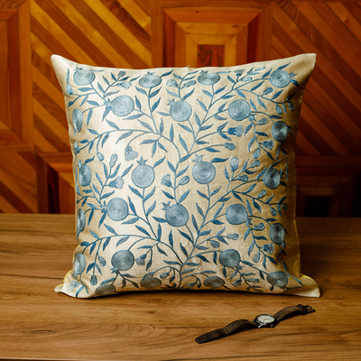 Silk and cotton cushion cover, 'Celestial Omen' - Embroidered Pomegranate-Themed Blue Silk Cushion Cover
