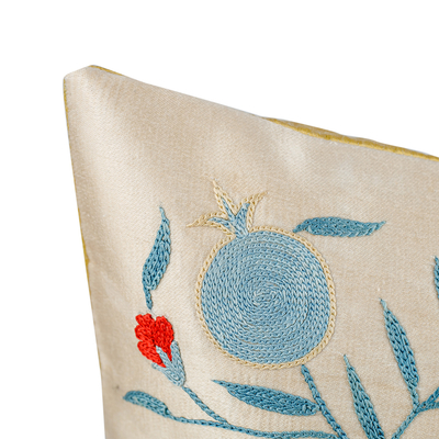 Silk and cotton cushion cover, 'Majestic Pom' - Pomegranate-Themed Blue and Red Silk Blend Cushion Cover