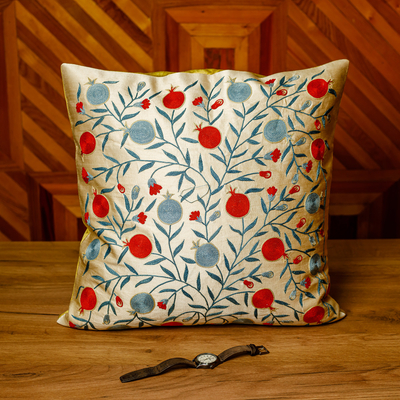Silk and cotton cushion cover, 'Majestic Pom' - Pomegranate-Themed Blue and Red Silk Blend Cushion Cover