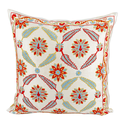 Silk and cotton cushion cover, 'Nature's Grandeur' - Suzani Embroidered Leafy and Floral Silk Blend Cushion Cover