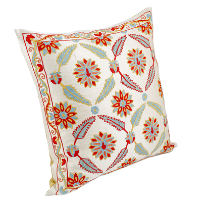 Silk and cotton cushion cover, 'Nature's Grandeur' - Suzani Embroidered Leafy and Floral Silk Blend Cushion Cover