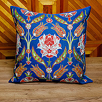 Funda de cojín de seda y algodón, 'Imperial Spring' - Funda de cojín de mezcla de seda azul con bordado floral clásico