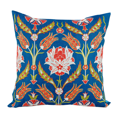 Silk and cotton cushion cover, 'Imperial Spring' - Classic Floral Embroidered Blue Silk Blend Cushion Cover