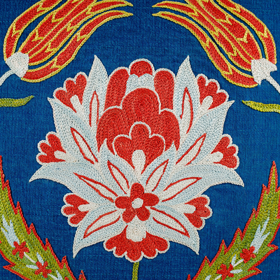 Silk and cotton cushion cover, 'Imperial Spring' - Classic Floral Embroidered Blue Silk Blend Cushion Cover