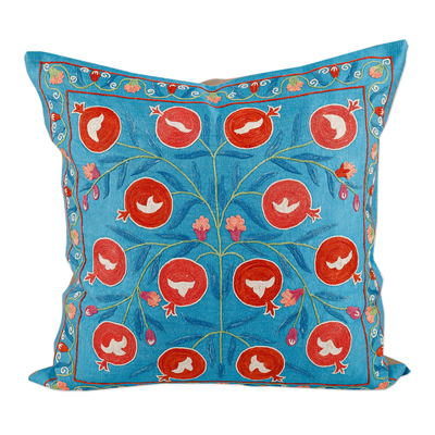 Silk and cotton cushion cover, 'Prosperity in Eden' - Pomegranate and Leaf-Themed Blue Silk Cushion Cover